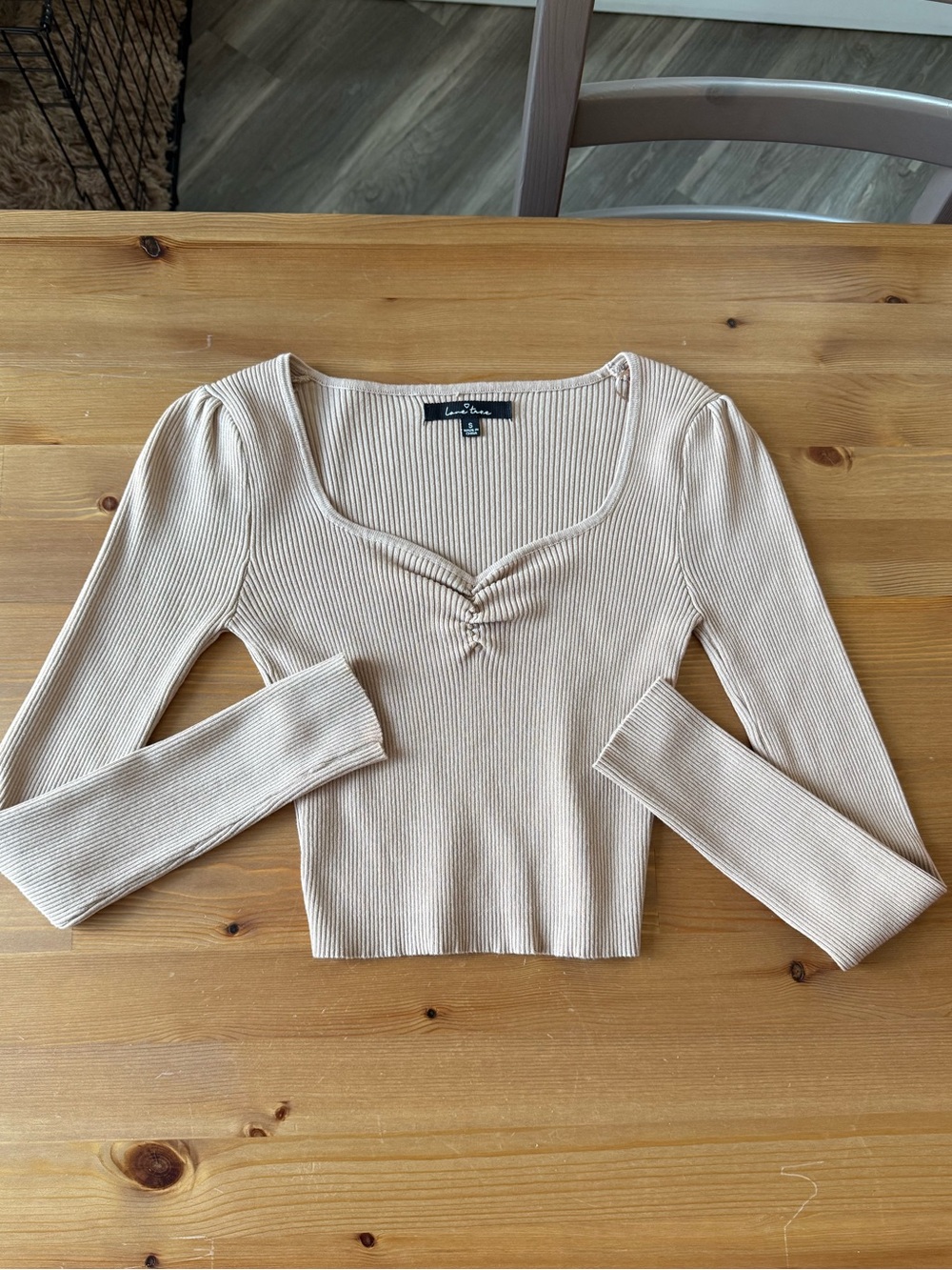 Love Tree Beige Ribbed Long-Sleeve Cropped Top